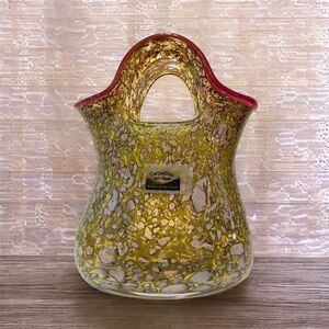 Polish Art Glass Purse Vase Hand Made Artist Signed 9" Tall HEAVY